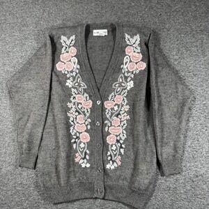 Vintage‎ Alfred Dunner Embroidered Cardigan Sweater Women Medium Gray Grannycore